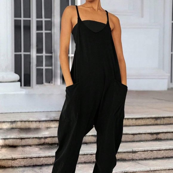 . Pants - Black Boho Womens Dual Pocket Drop Crotch Hem Cami Jumpsuit